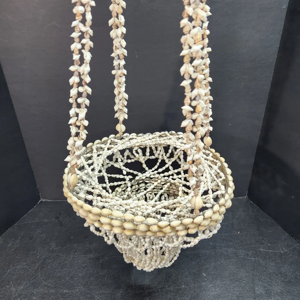 Vintage Boho Cowrie and Puka Sea Shell Hanging Plant Holder Basket 32 Inch